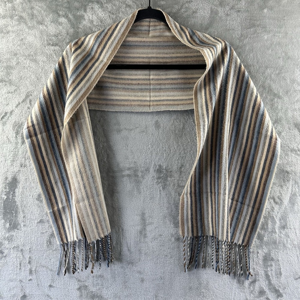 Rectangular Scarf Multicolored Stripes Blue Brown Tan Ivory Fringe